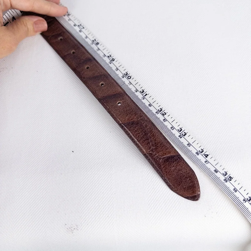 Sculptural Vintage Ritz Brown Leather Croc Embossed Belt Gold Wing Buckle 34